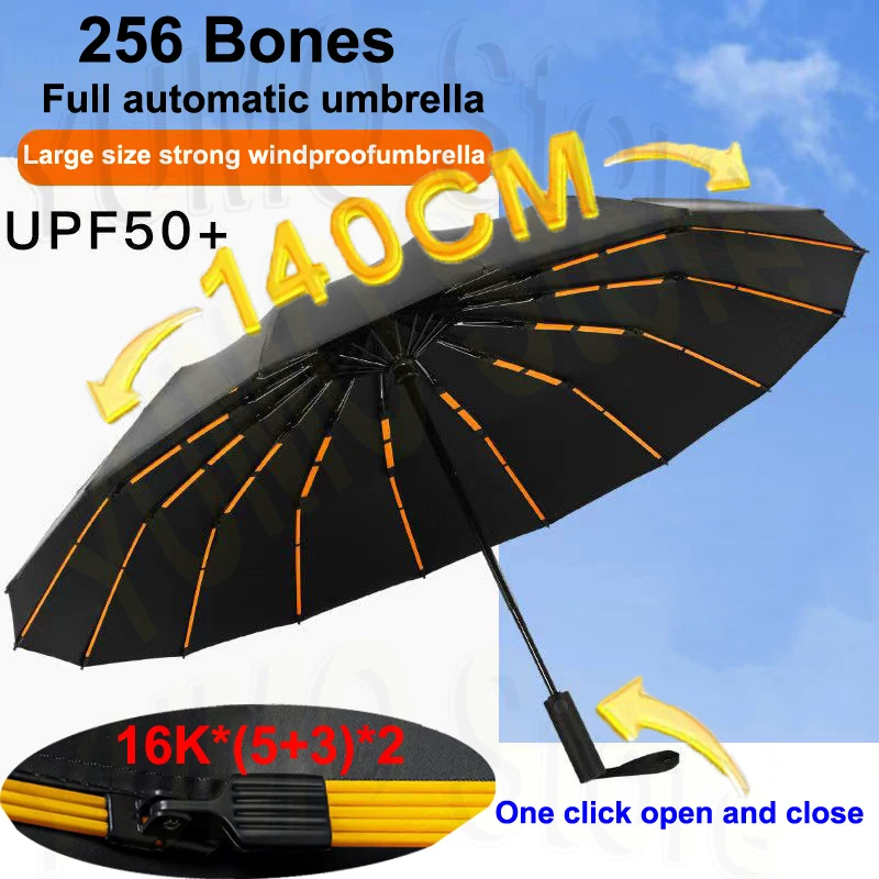 256 Bones Automatic Umbrella Reinforced Windproof Umbrellas Men's Business Rain Umbrella All Weather Umbrella Women Sunshade