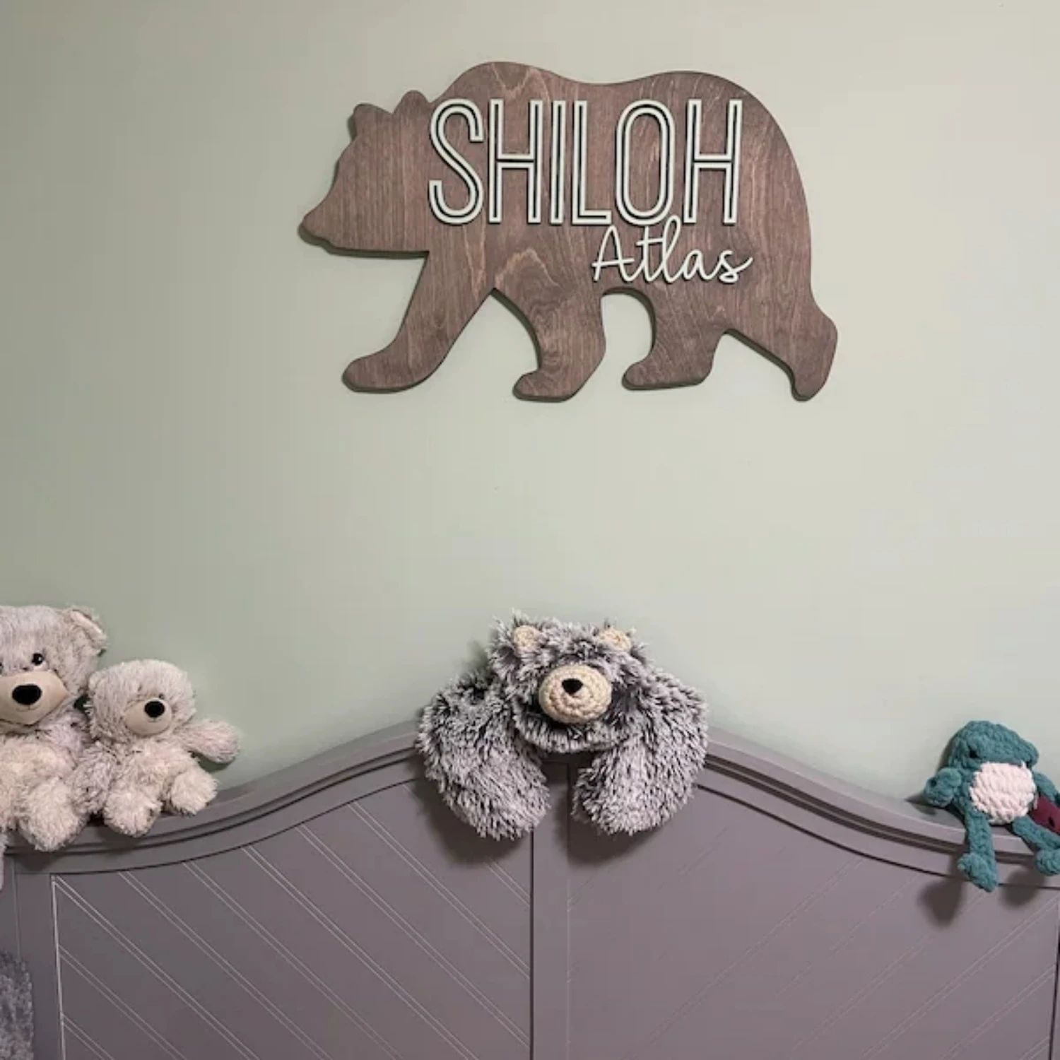 Signe de nom en forme d'ours personnalisé, décor de terre de calcul, plaque de nom personnalisée, art mural de pépinière 3D, cadeau unique pour bébé