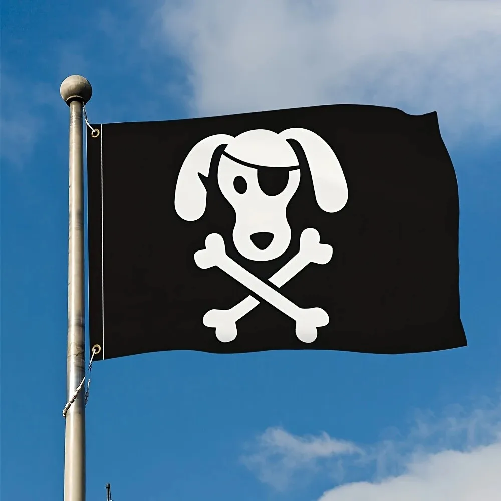 Pirate Dog Skeleton Flag - Polyester Outdoor Decor for Garden, Home, Dorm, and More - Black with White Skull & Crossed Swords