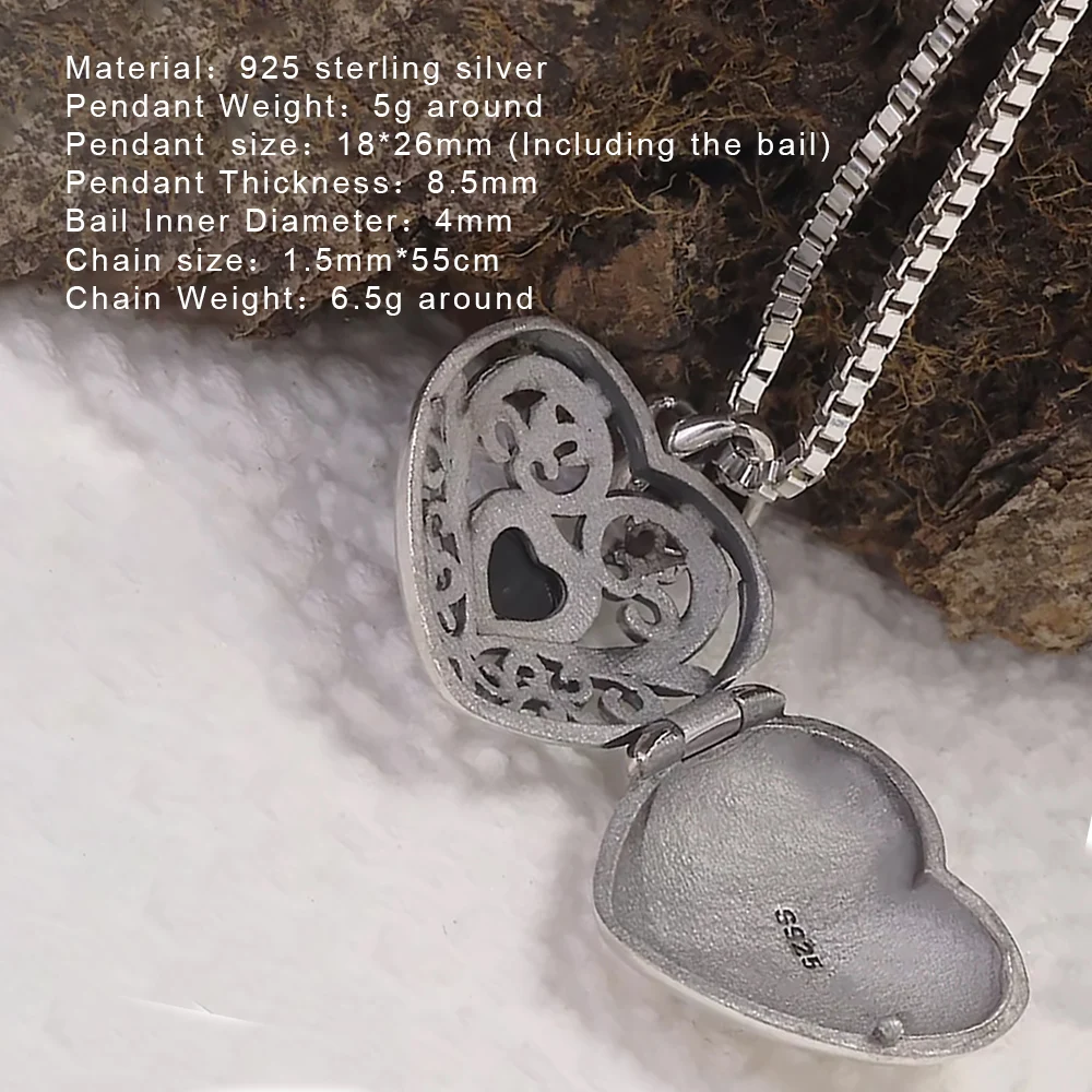 925 Sterling Silver Openable Locket Love Heart Pendant Necklace with Back Onyx Sunflower Engraved Photo Frame Vintage Jewelry view 2