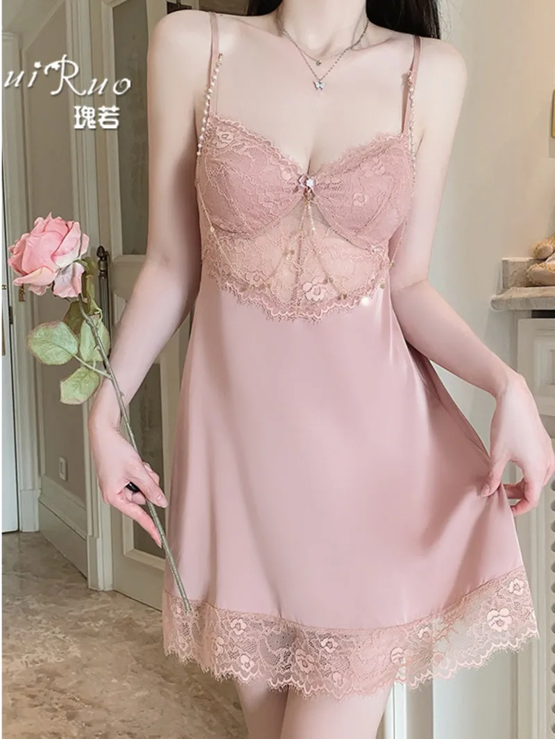 Nova roupa de dormir sexy feminina malha renda oco pendurado charme maduro cinta elegante reúne pequeno peito estilo tentação vestido dews