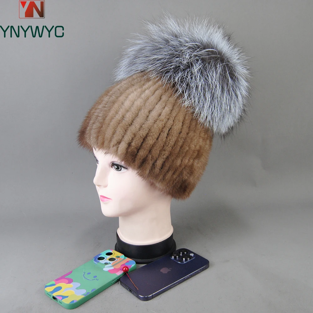 Real Mink Fur Hat For Women New Brand Thicken Female Fur Caps Ladies Winter Knitted Mink Fur Beanies With Fox Fur Pompoms Hat