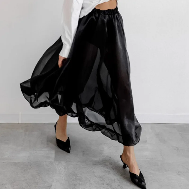 Black New Trendy Sexy Perspective Yarn Mesh High Waist Half Skirt Spring/Summer Fashion A-line Skirt