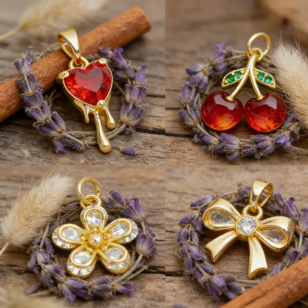 

4Pcs Pendant Handmade Brass Zircon Cute Cherry Flower Bow Dripping Heart Fashion DIY Jewelry for Bracelet Necklace Accessories