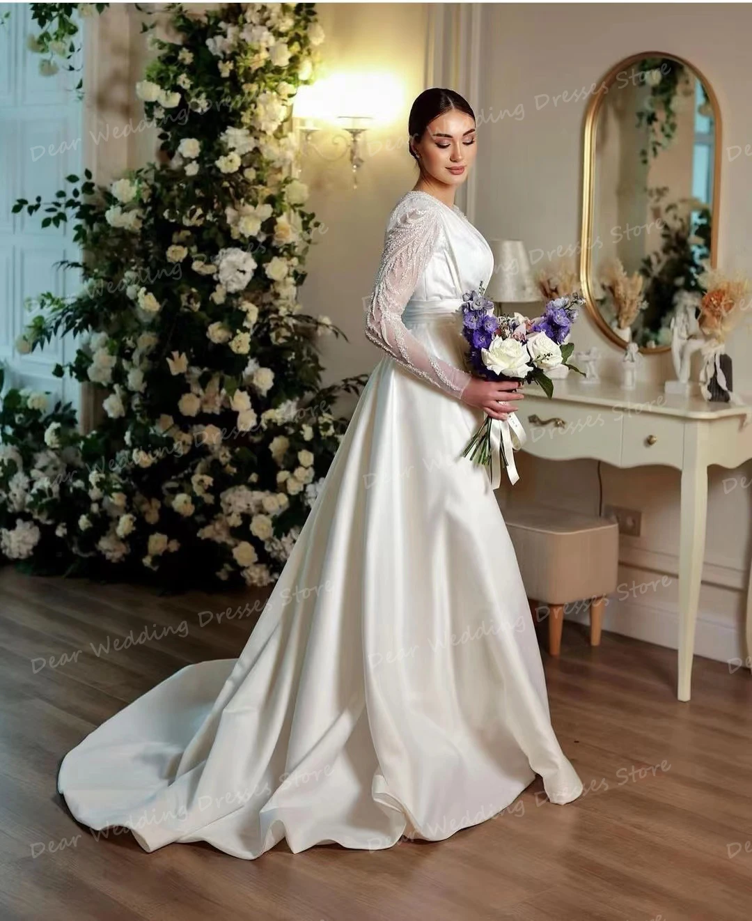 2024 Luxus Satin Brautkleider Frauen Meerjungfrau sexy Glitzer formale Langarm Muslim 2 in 1 Brautkleider Vestidos de Novia