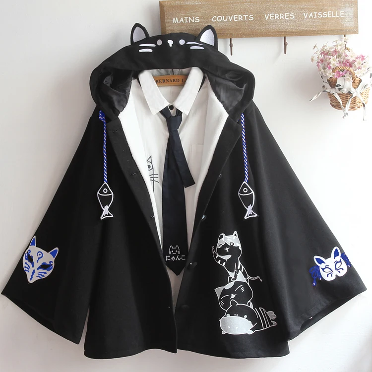 

Autumn Winter New Sle Cute Mask Embroidered Woolen Cloak Bell Sve Loose Coat for Men And Women Sweet School Sle