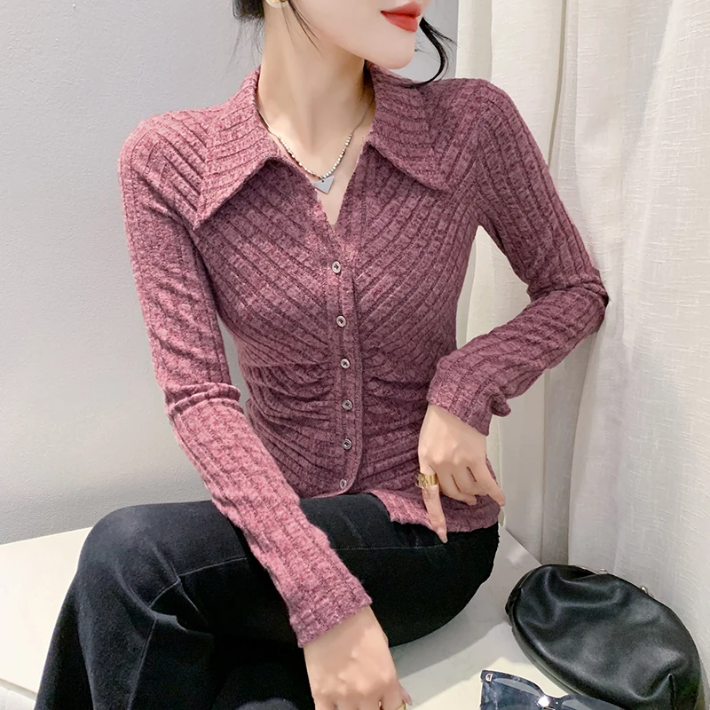 Black Korean Style Thick T-Shirt Sexy Lapel Single Breasted Blouse Draped Women's Tops Long Sleeve Slim Tees 2024 New 4100801