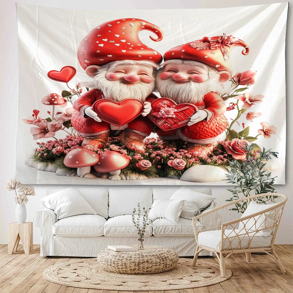 Valentine's Day Cute Dwarfs Handhold Heart Shaped Gifts to Create Romantic Proposal Background Decoration Tapestry