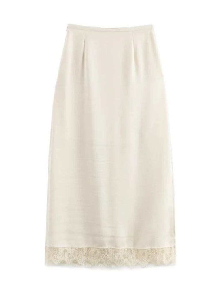 أنيقة الدانتيل المرقعة الساتان ميدي تنورة المرأة النمط الأوروبي مستقيم أنبوب تنورة خلات النسيج موضة بسيطة الزي بالجملة