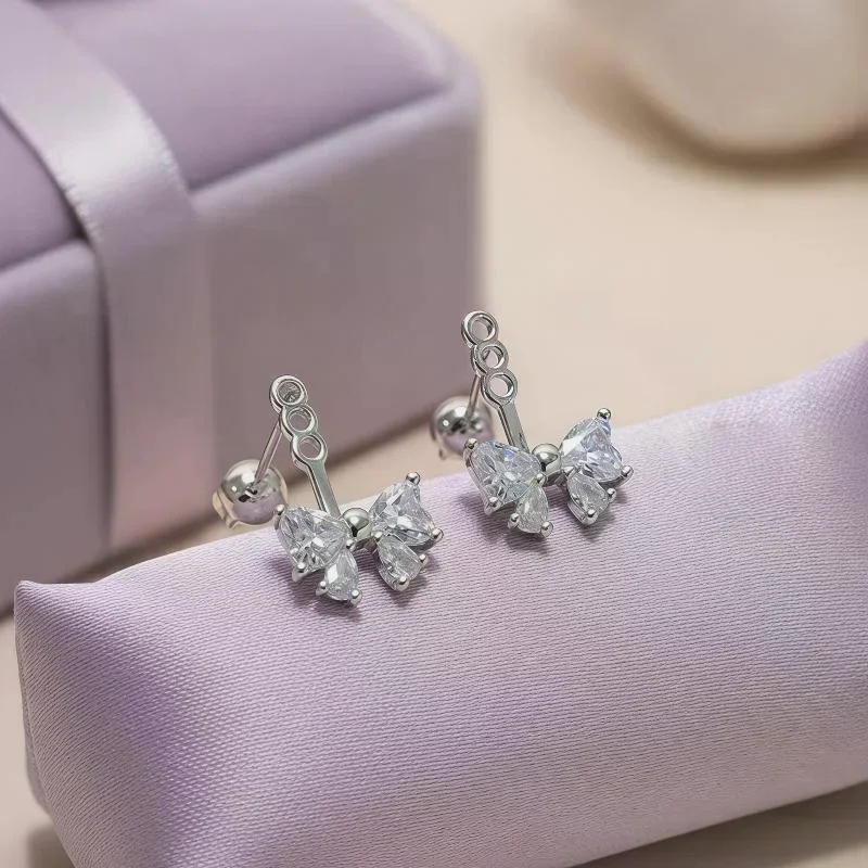【】Silver Color Zircon Bowknot Stud Earrings For Women Minimalist Cute Fashion Jewelry Detachable Accessories