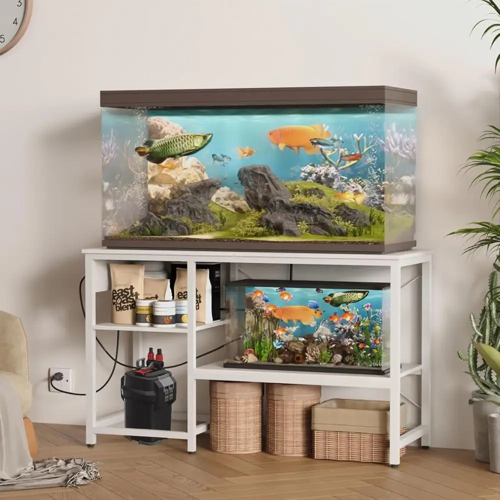 

55-75 Gallon ish Tank Stand with Power Outlet & LED Light, Metal Aquarium Stand with 3 Tier Adjustable Storage Shelves, Tank Sta
