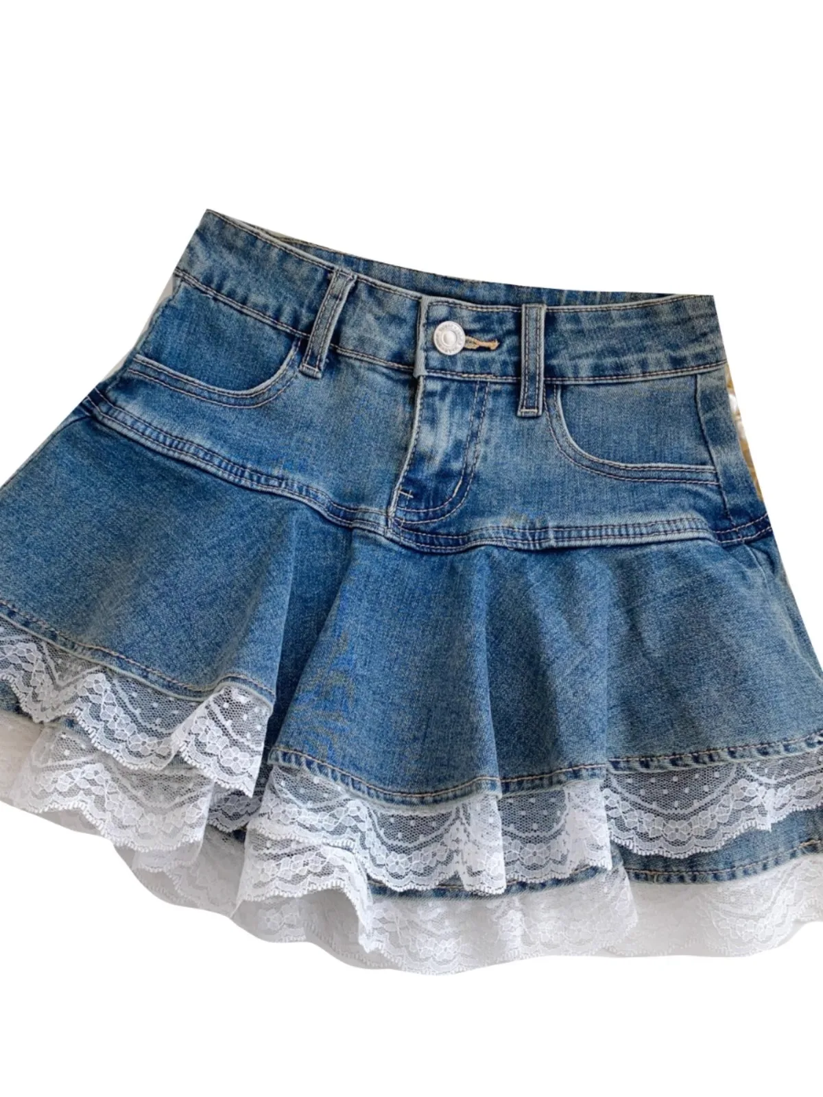 American Style High Waist Versatile Lace Trimmed Denim  Skirt for Women Commute Style with Inner  Short Skirt