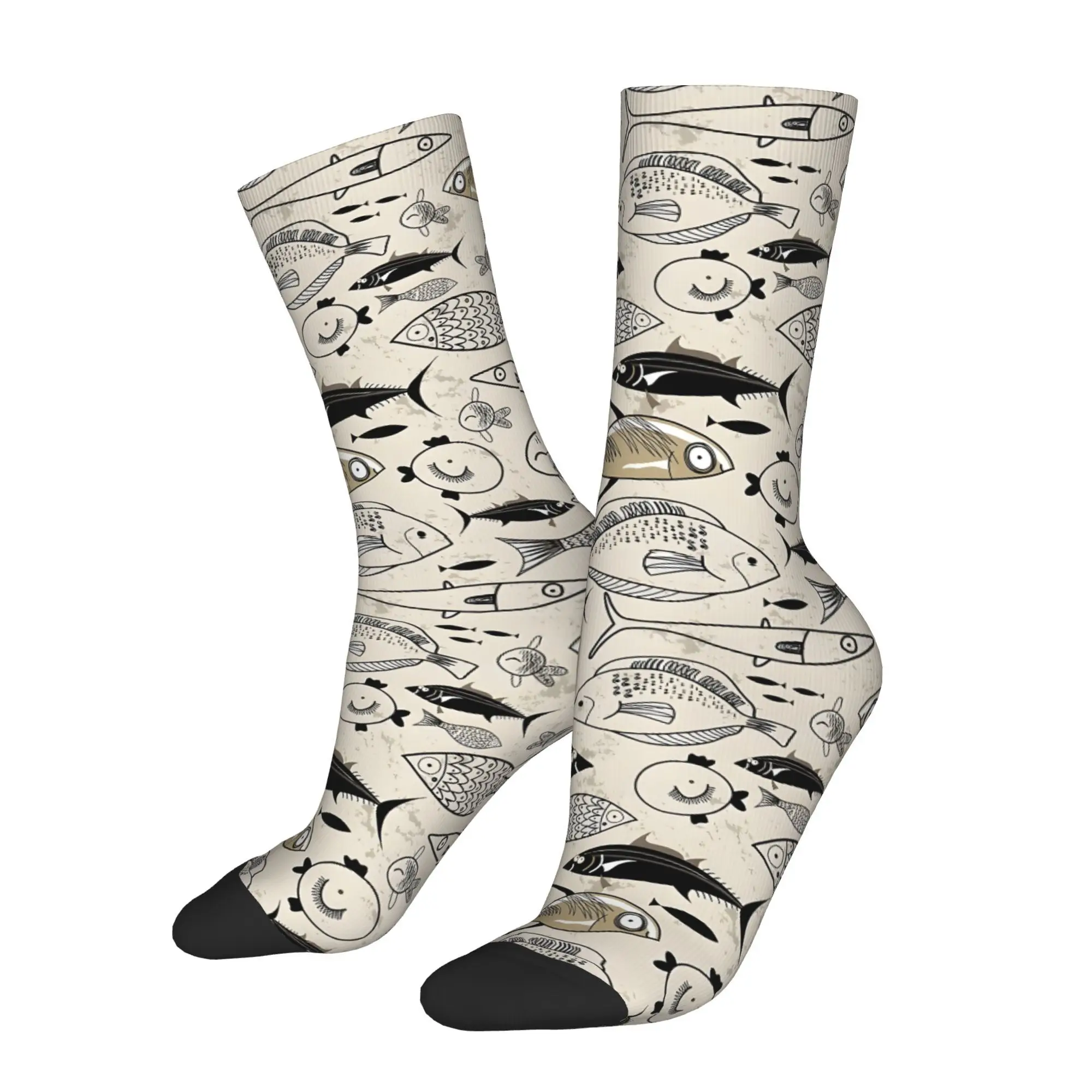 1pc Fish Printed Men's Socks  Novelty Hip Hop Harajuku Pattern Crew Sock Casual Gift