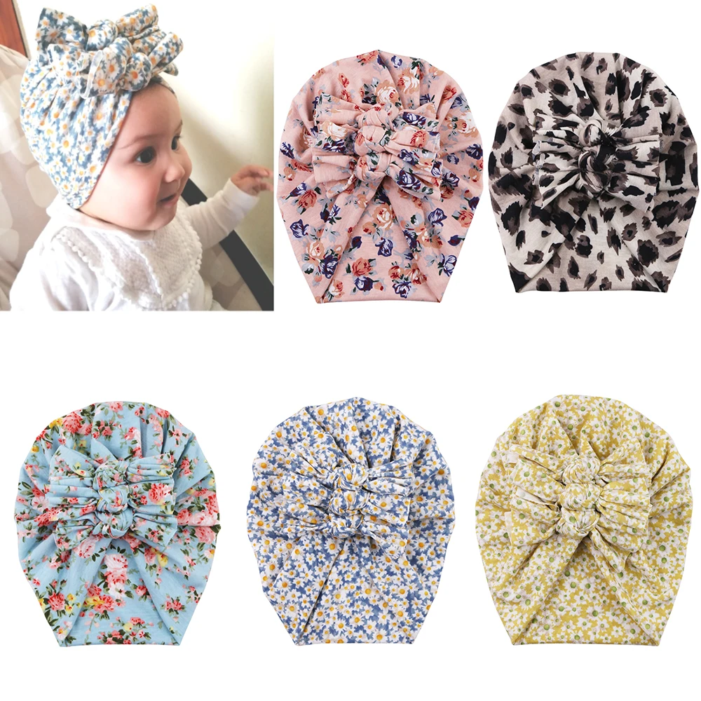 Flower Print Baby Beanies Bohemian Double Layers Folded Knotted Turban Hats Newborn Photography Props Fashion Kids Headwraps