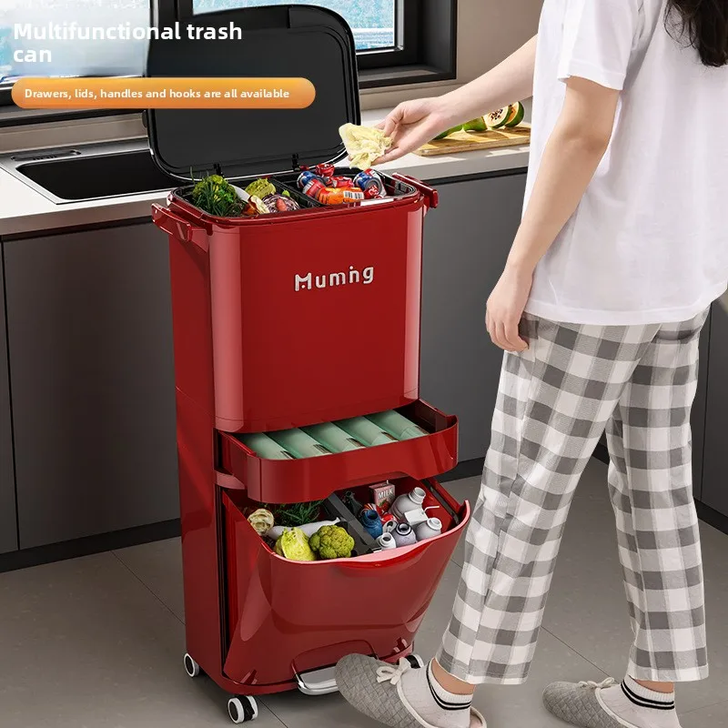 Kitchen Trash Can Wheels Pedal Large Capacity Household Dry Wet Separation Lid No Bending Required Multifunction Bin