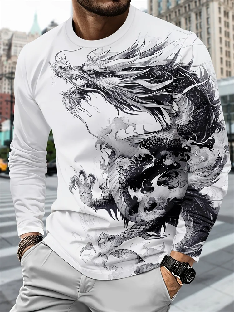 Men's Chinese Dragon Long Sleeve T-Shirt Ink Black White Graphic Tee Oriental Streetwear Casual Pullover Tops Gift New Fashion