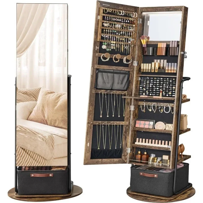 l 360° Swivel Mirrored Jewelry Cabinet with Lights, Full-Length Mirror with Jewelry Storage, Standing Jewelry Armoire Organizer