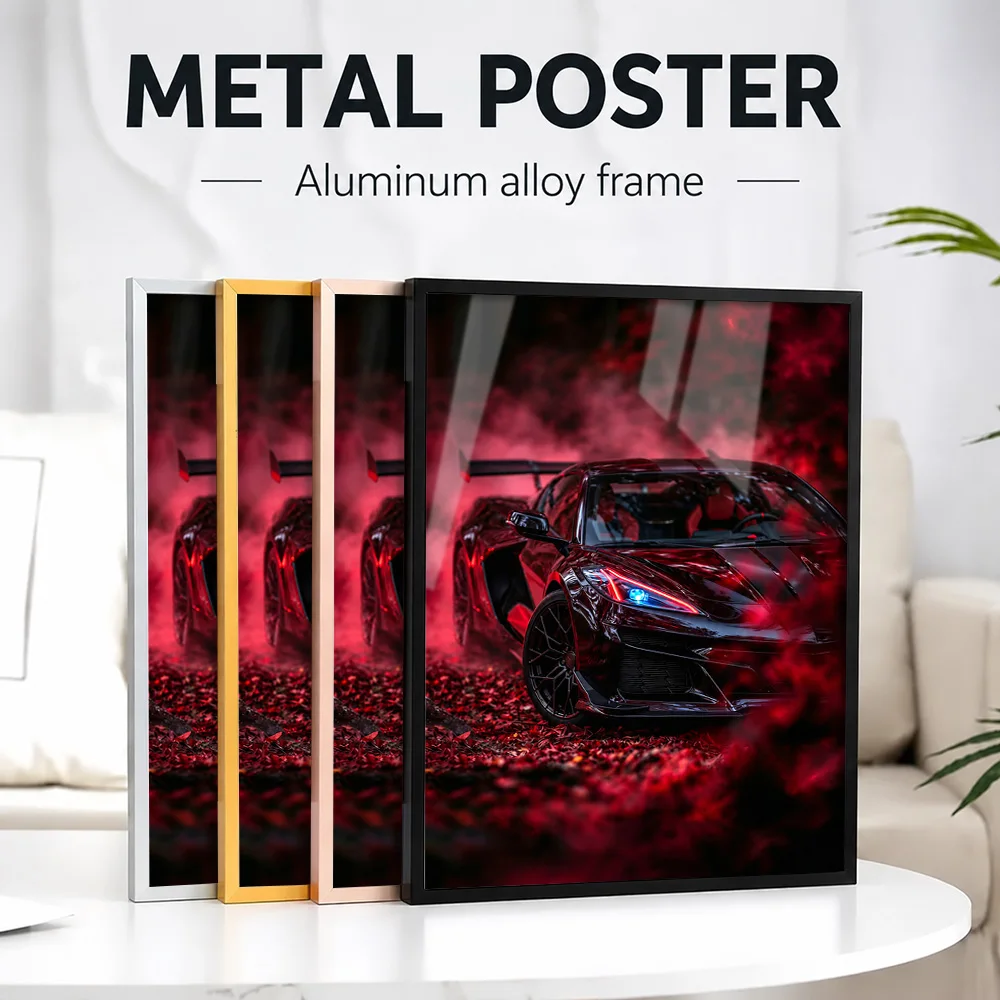 Red Smoke Corvette C8 Metal Poster With Aluminum Alloy Frame Personalized Photo Technical Blueprint Style Wall Art For Bedroom