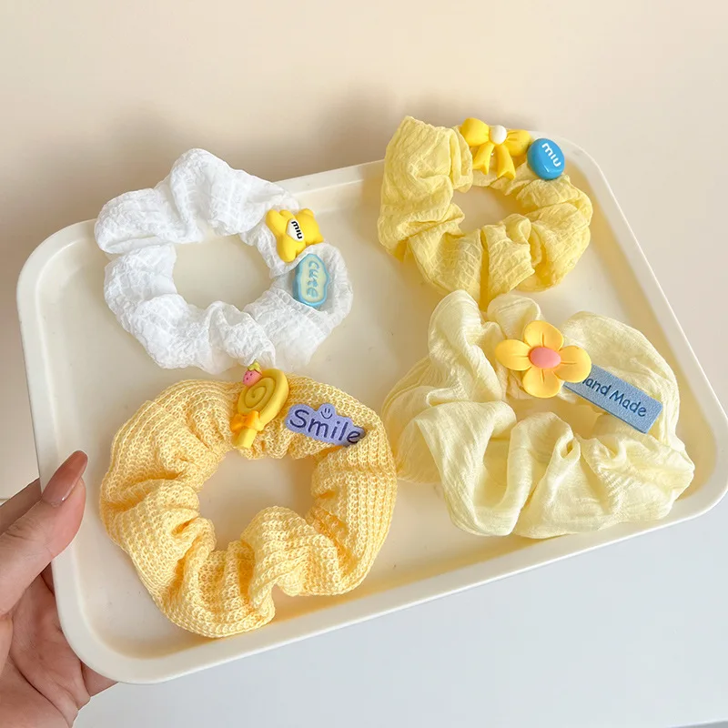 4pcs Sweet Hair Tie Girl Yellow Little Bear Flower Bow Lollipop Scrunchies  Elastic Hair Band NEW Children Cute Ponytail Rubber