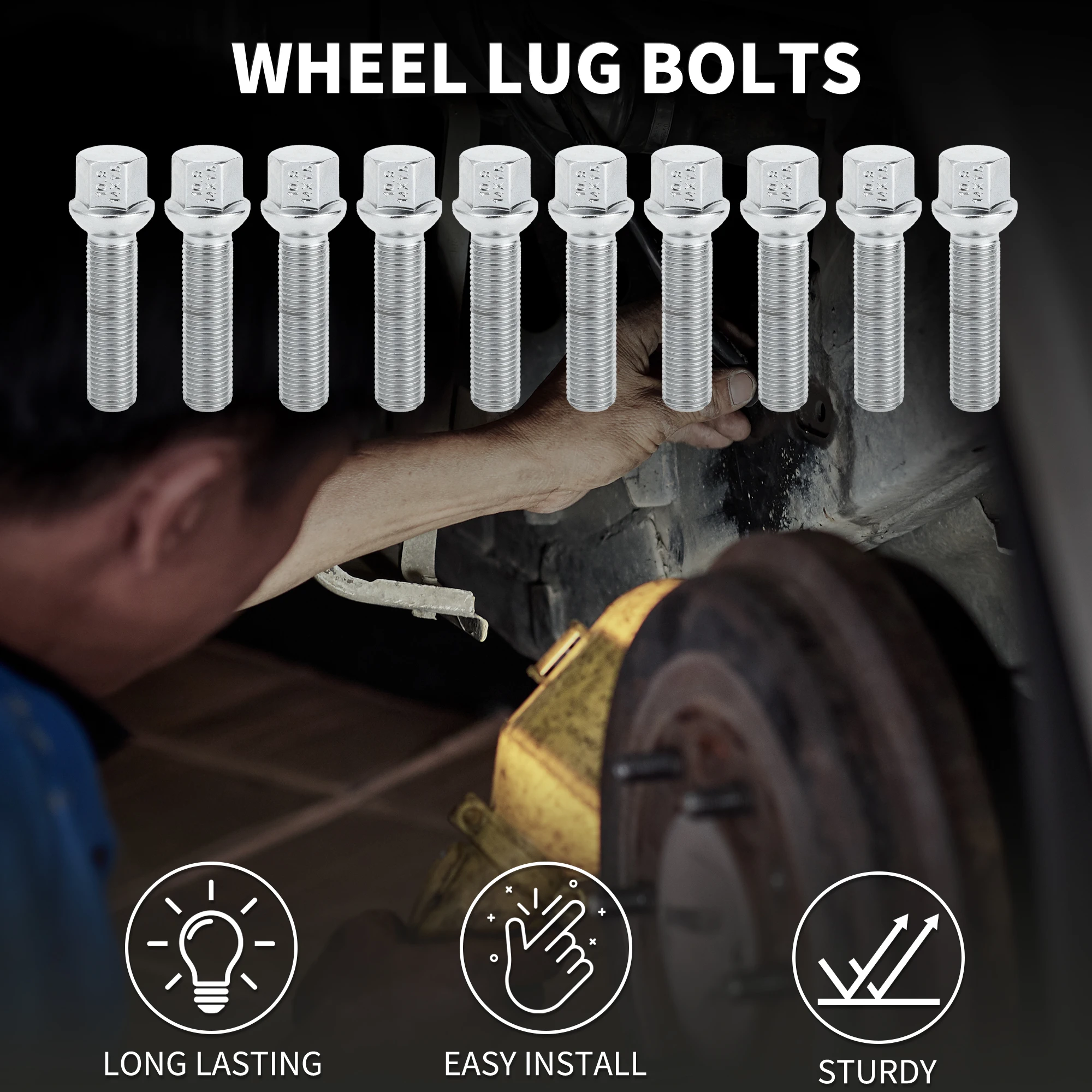 UXCELL 10 Pcs M14x1.5mm Ball Seat Wheel Lug Bolt 50mm Shank for Volkswagen for Audi