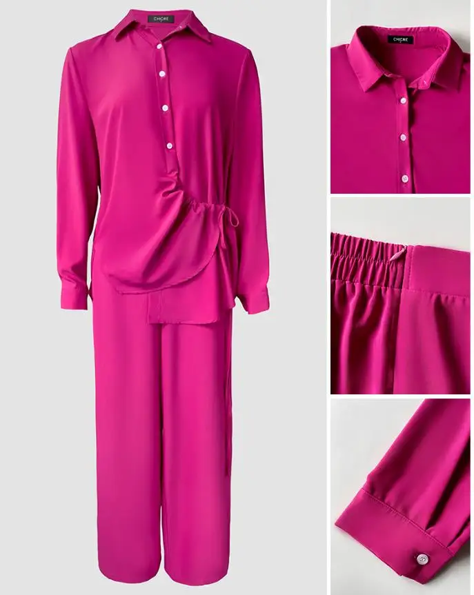 

2 Pieces Outfit Turn-Down Collar Button Front Drawstring Slit Asymmetrical Hem Top and Casual Zipper Side Wide Leg Pants Set