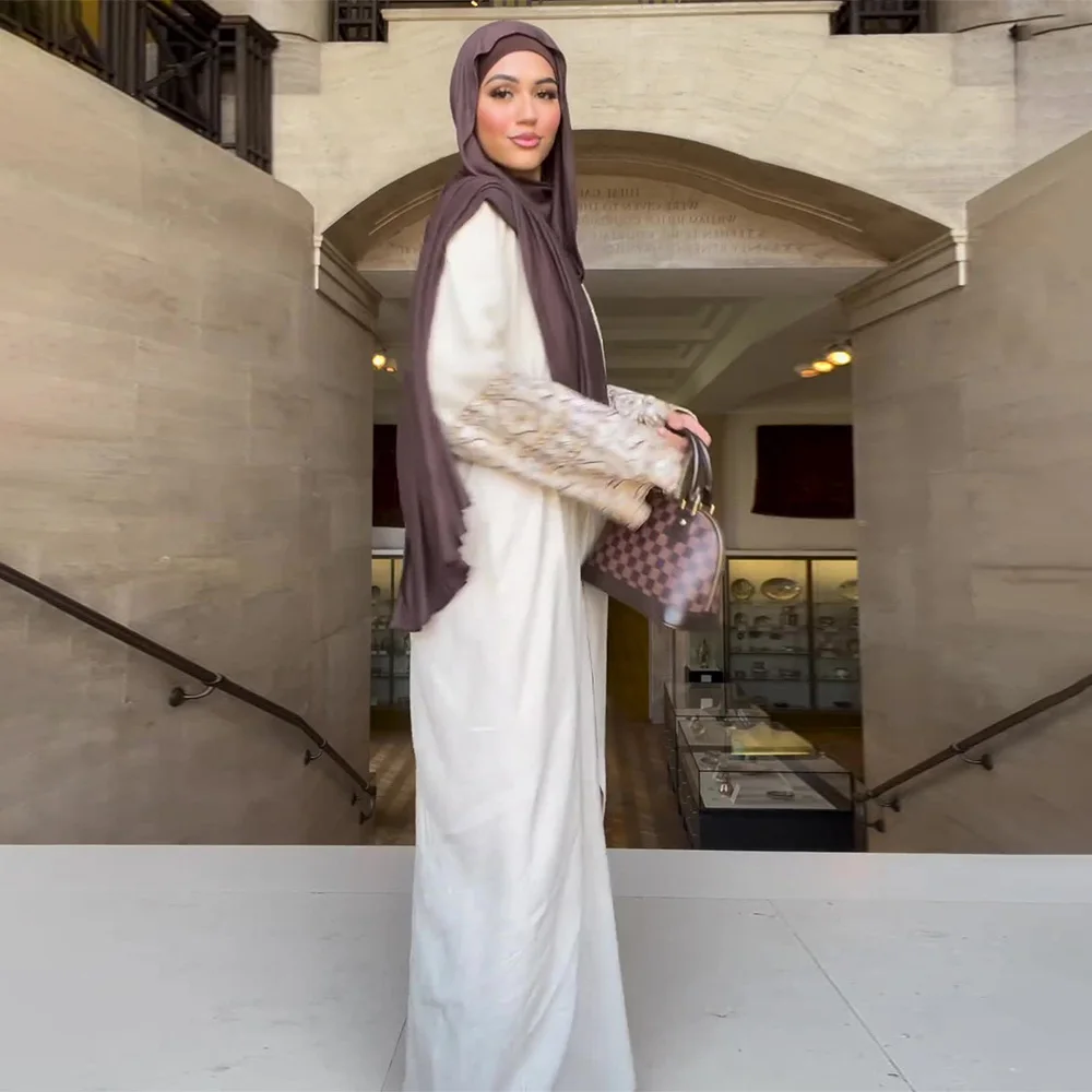 Moslim Abaya Jurk Voor Vrouwen 2024 Nieuwe Lente Print Bloem Boho Bubble Mouwen Losse Hennep Lange Rok Voor Vrouwen Ramadan