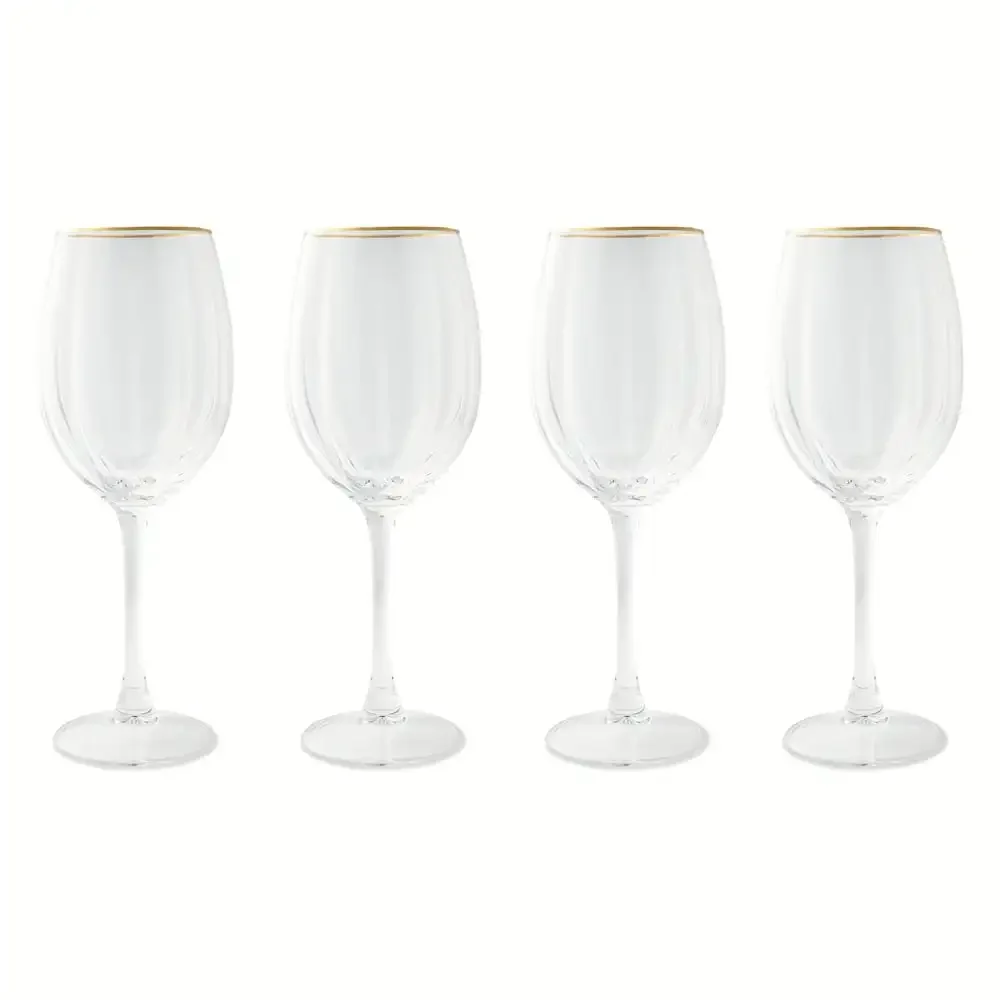 Scalloped Gold Rim Wine Glasses Set of 4, Elegant Stemware Dishwasher Safe for Wedding, Party & Celebrations