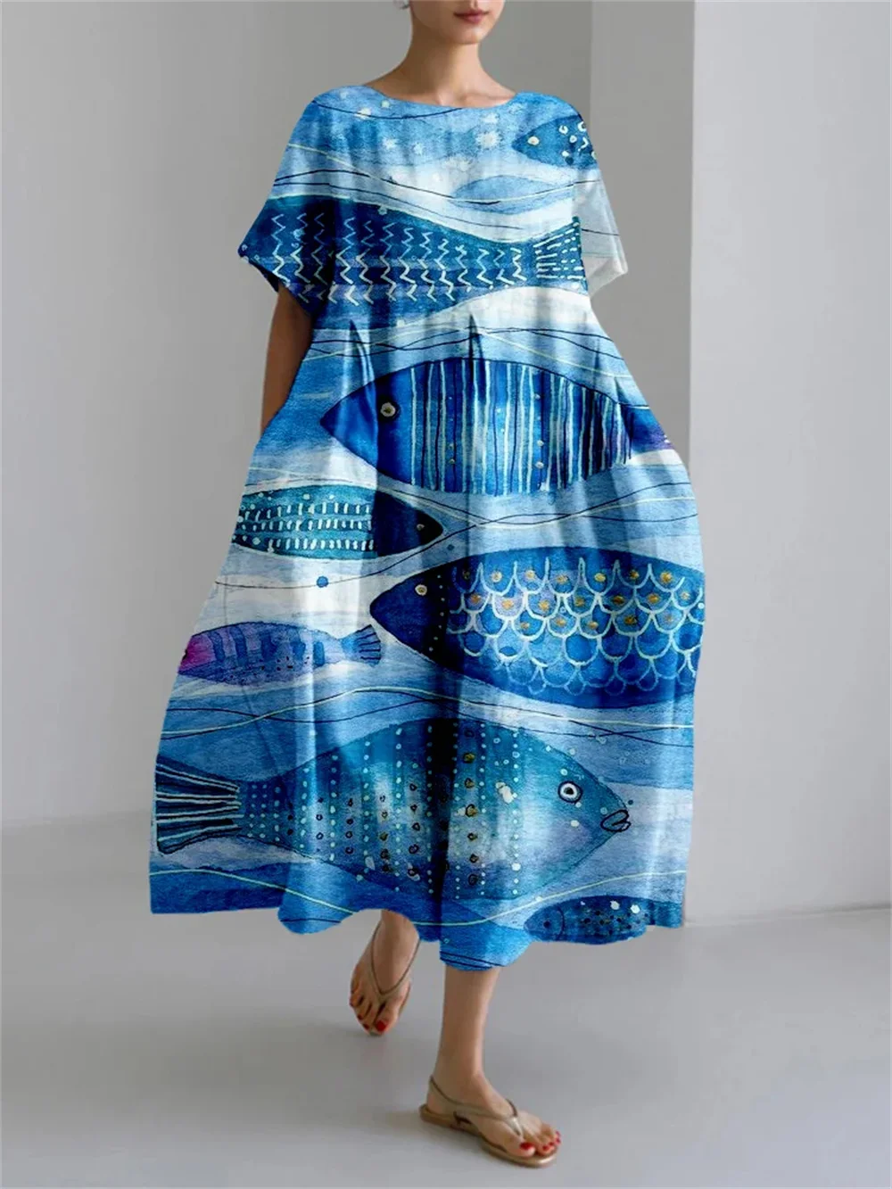 Retro Fish Digital Printed Short Sleeved Long Skirt Summer New Women's Elegance Dress Women's Loose Round Neck Pocket Dress