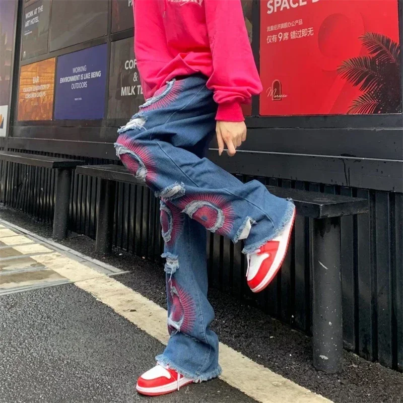 Women's Broken Hole Embroidery Unisex Jeans Cool Girl Wide Leg Street Vintage Baggy Pants Female Casual Straight Denim Trousers