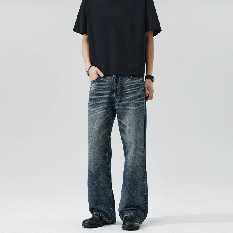 Men's Vintage Blue Jeans American Style Washed Handpainted Whiskered Flared Denim Long Pants Clean Fit Chic Trousers
