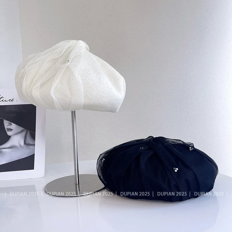 قبعات صوف شبكية من اللؤلؤ مخيطة يدويًا عالية الجودة مع قبعة رسام على طراز سيدة أنيقة ومتعددة الاستخدامات بلون اليقطين عصري