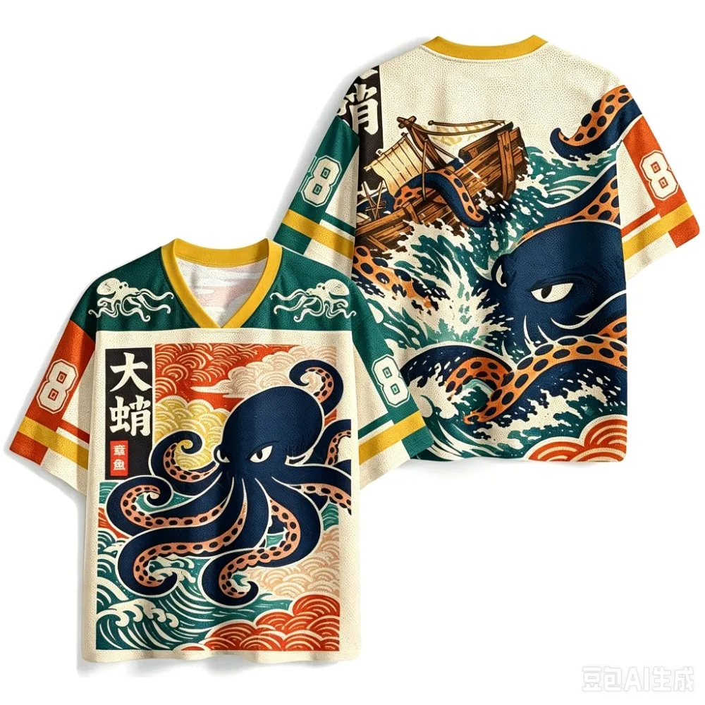 Japanese-style Sea Wave Monster Octopus 3D Print Breathable Sports MenWomen Vneck Loose Tshirt Fashionable Y2K Parental Clothing