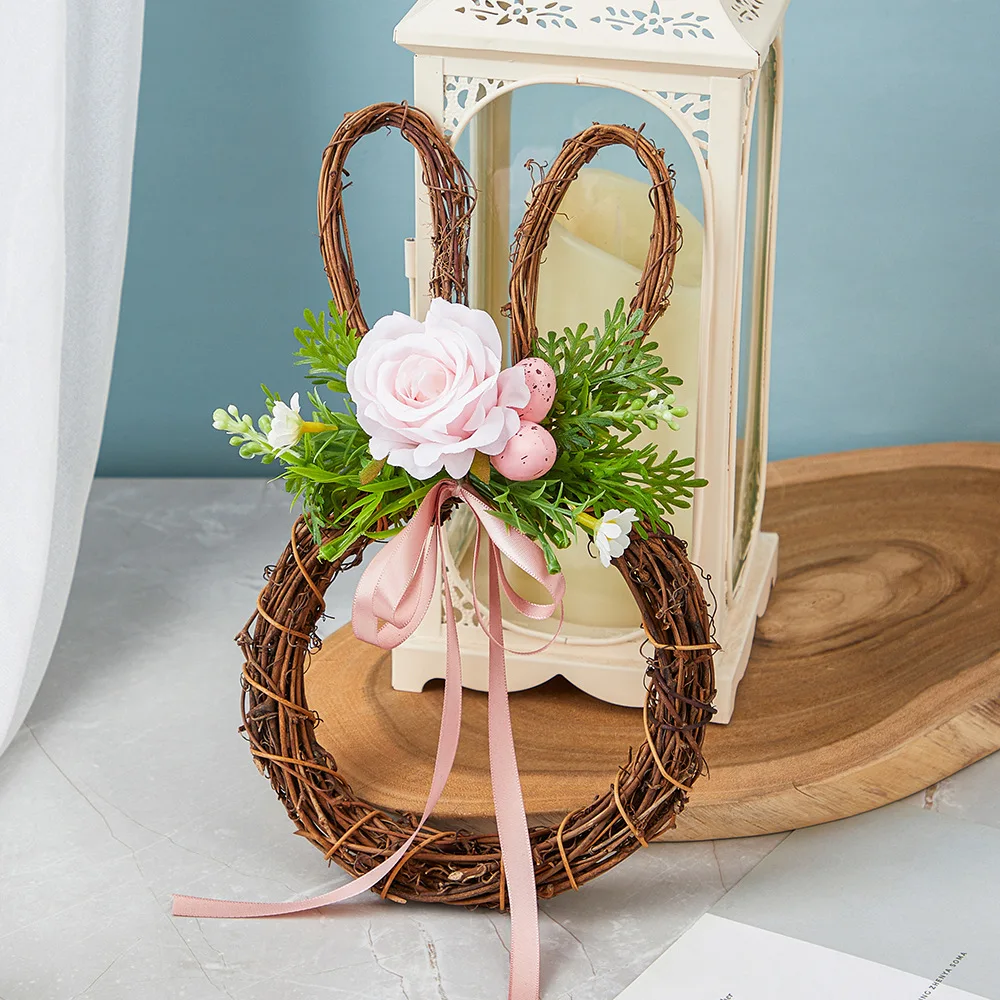 Easter Wreath Cartoon Rabbit Shape Outdoor Home Door Hanging Decoration Hand-Woven Simulated Wreath Ribbon Bow Decoration