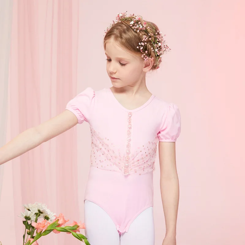 Vêtements de danse de Ballet pour enfants filles, justaucorps de gymnastique, Costume de danse Bailarina, sangle en maille au dos, manches courtes, danse en dentelle