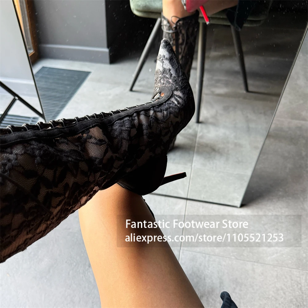 Lace Knee High Stiletto Boots Pointed Toe Lace up Front Sheer Floral Pattern Boots Elegant Style Party Heels for Fashion Looks