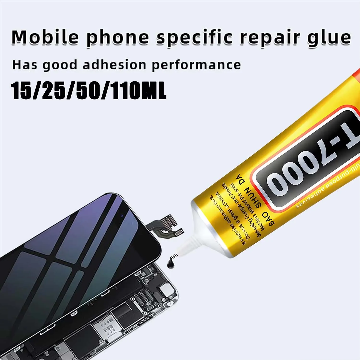 T-7000 Black Soft Adhesive T-7000 Repair Frame for Computer Touch Screen and mobile phones Anti-Vibrating Universal Glue Tablet Repair Sticker 15/25/50/110 ml, includes precision syringe.