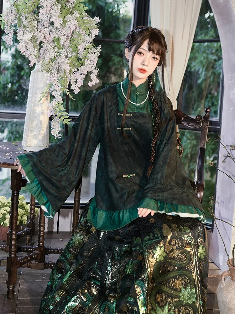 

Hanseqing Print Hanfu Sle Stand Collar irt Lantern Sve Fake Two-Piece Retro Patchwork Chinese Lantern Sve Blouse