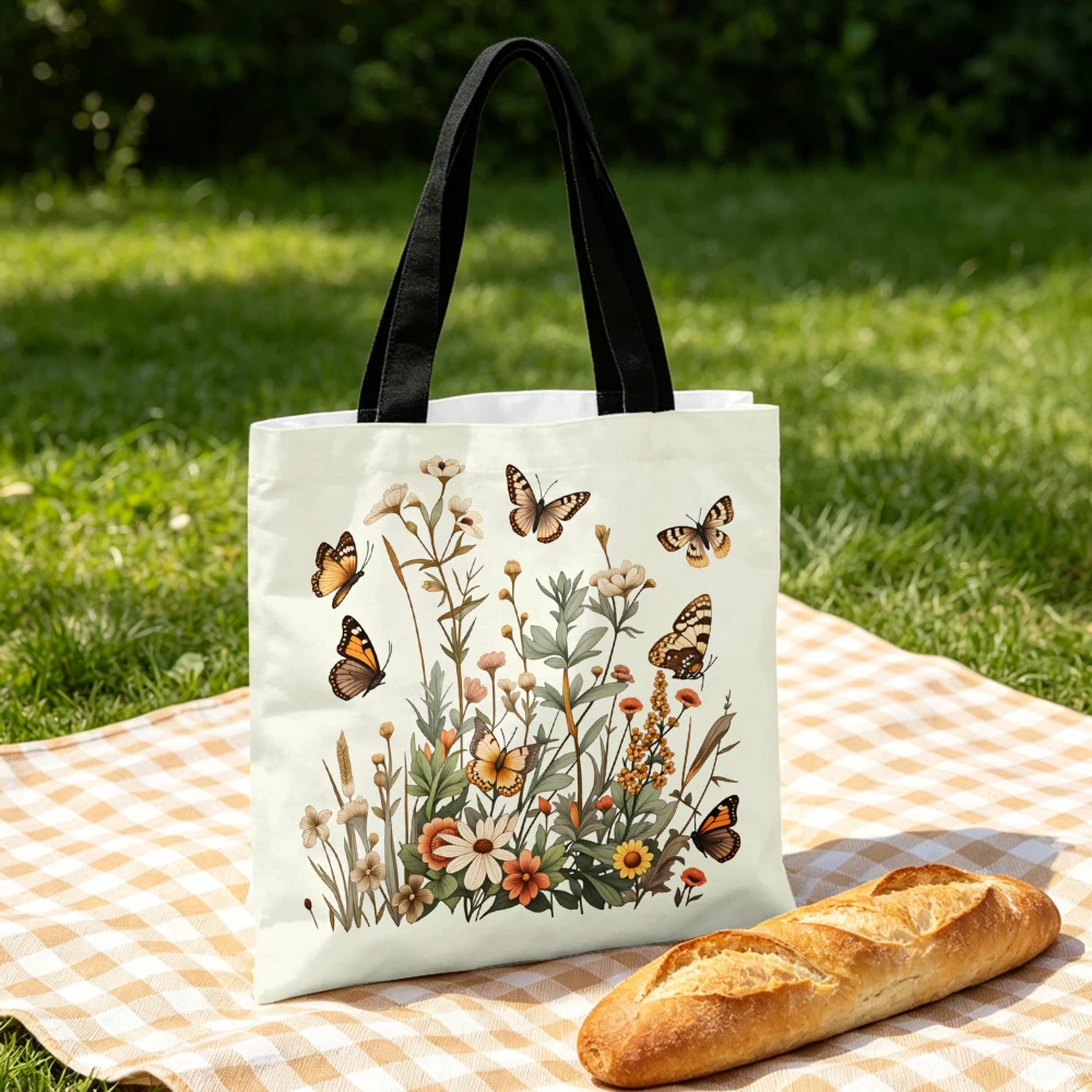 Floral Butterfly Print Handbag Cream Tote Bags And Makeup Bag Combination For Women Shopping And Daily Use Portable Pouch view 6