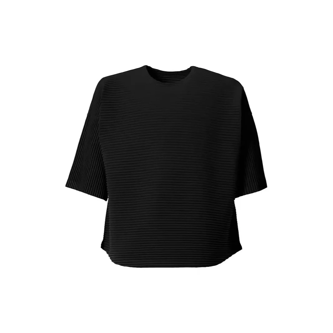 Miyake Men's T-Shirt Summer New Folded Crew Neck Pleats Short Sleeve Crew Neck Top Pleat Crossgrain Loose Casual Japanese