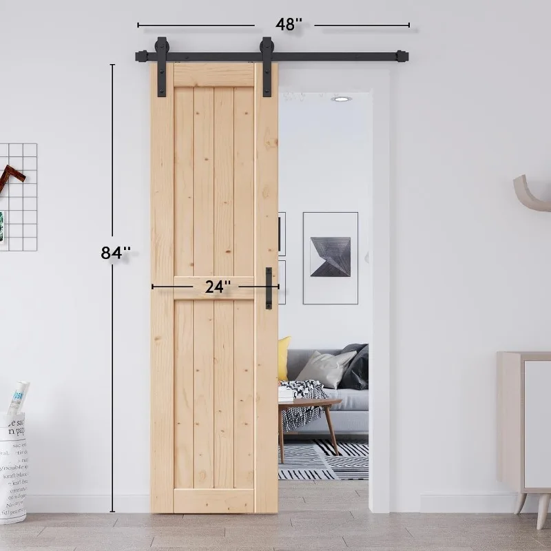 24" x 84" sliding barn door Comes with 4' barn door hardware and handles Easy to install Suitable for interior rooms storage