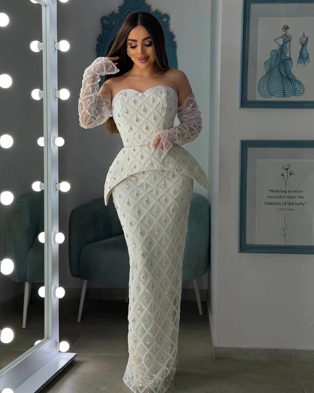 

Customized Fashion Women Jersey Rhinestone Beading Straight Evening Dresses Formal Strapless Half Sleeve Floor Lenght Prom Dress