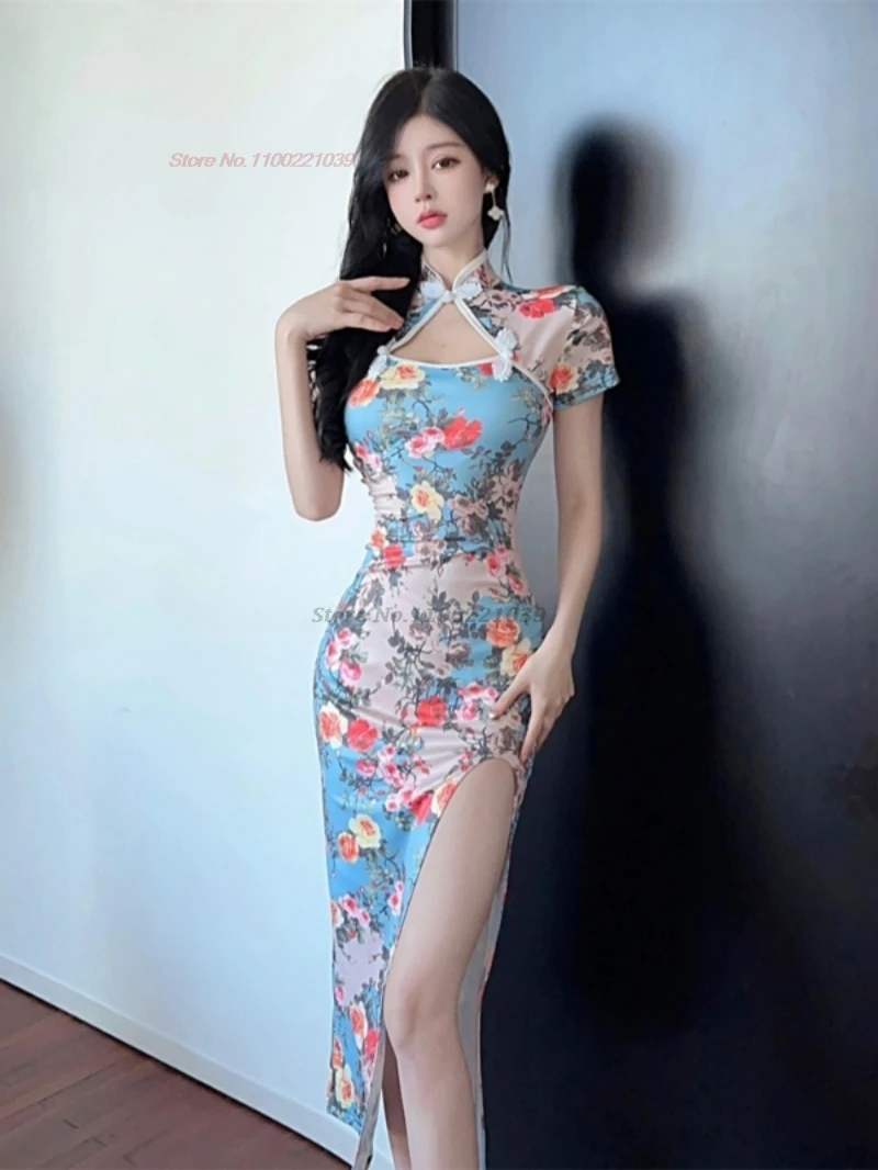 

2025 chinese sexy qipao vintage party dress flower print improved cheongsam nightclub bandage dress lady bodycon evening dres
