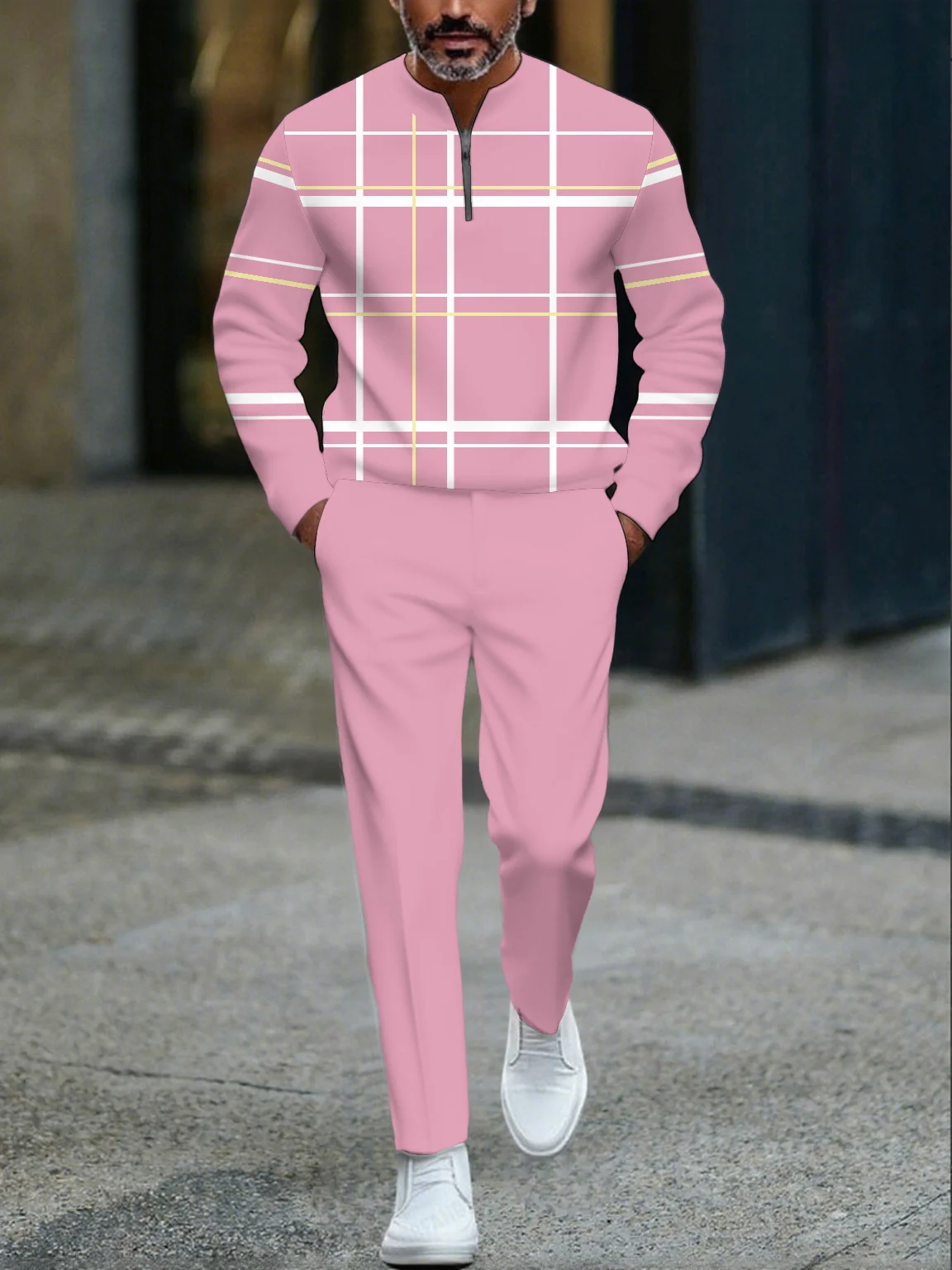 

2025 Autumn Winter New Cross Border Hot Selling Vertical Stripe Macaron Color Collar Half Zipper Men's Casual Sports Suit