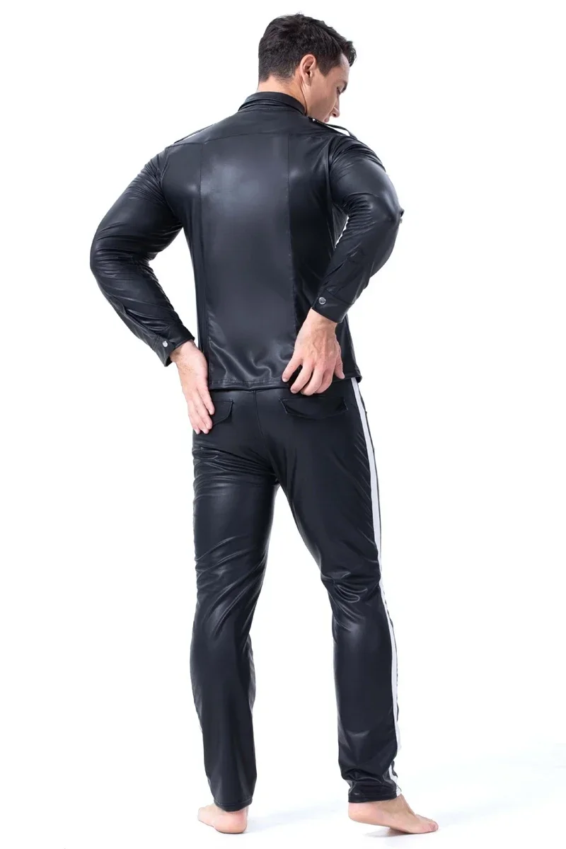 Men Sexy Fitness Tops Faux leather Shirts Gay PU Leather Latex T-shirt Tees Mens Nightclub stage Tops Sexy Party Clubwear