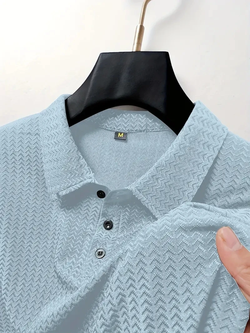 Polo décontracté à manches courtes en soie glacée pour hommes, t-shirt respirant élastique creux, revers à la mode, été 2024