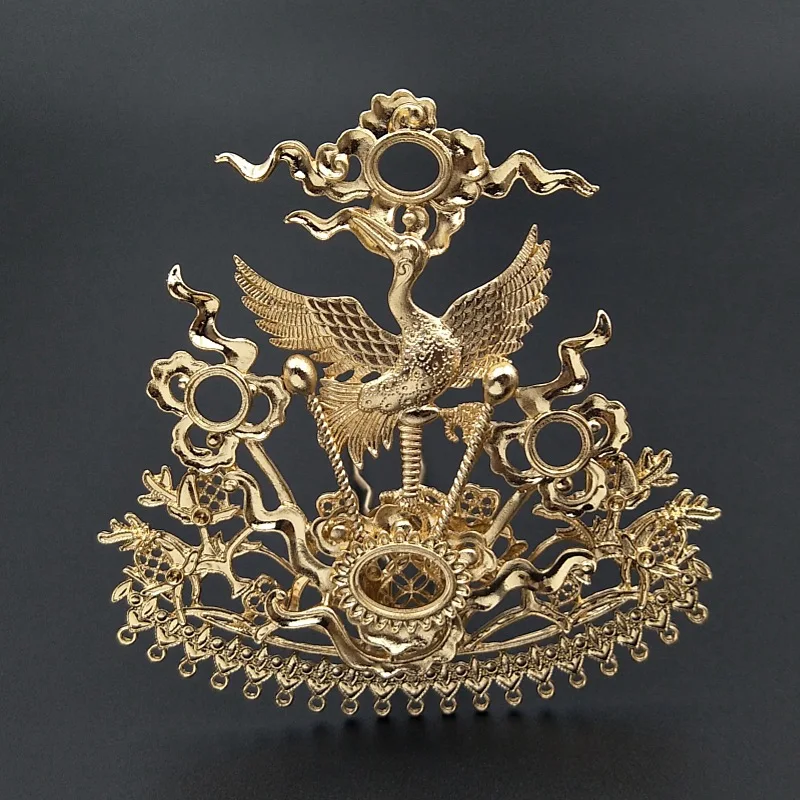 Auspicious Crane Crown Hair Clasp Accessories 5pcs Large 3D Gold Plated Metal Vintage Jewelry Embellishments Decoration Ornament