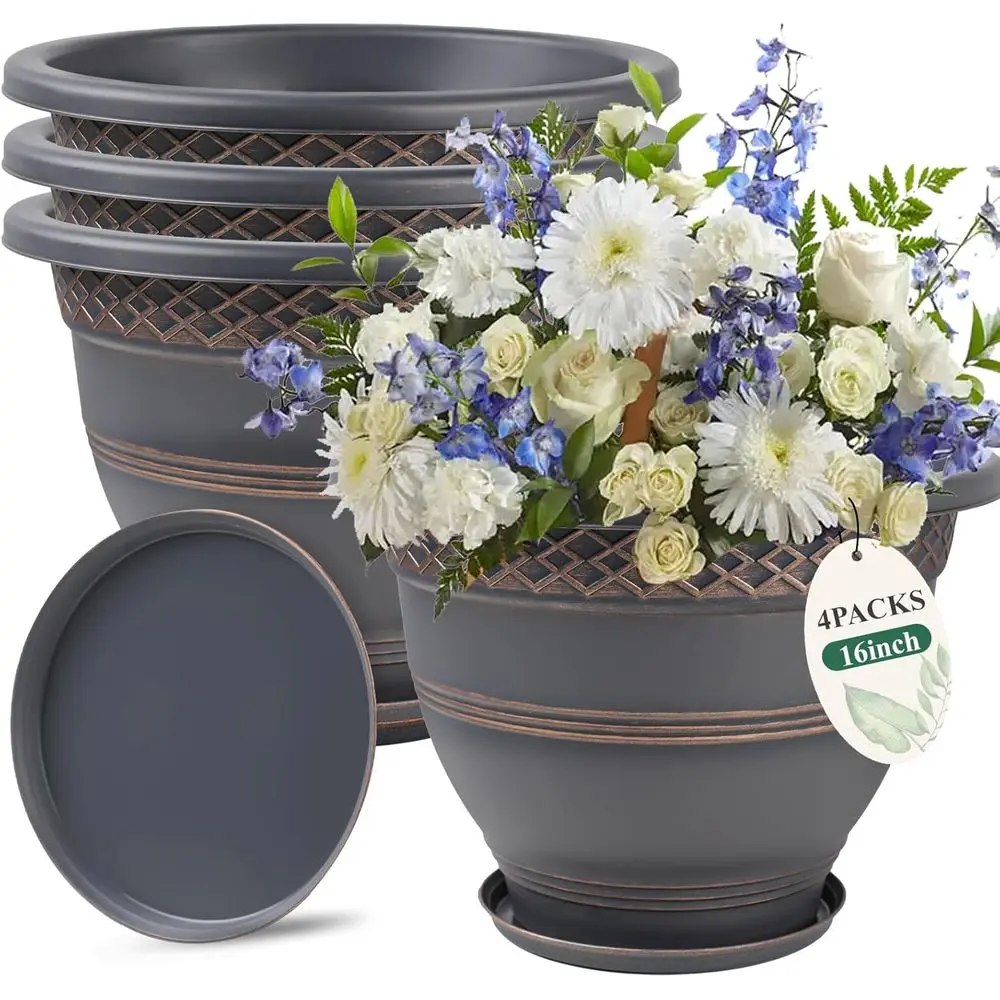 

Usocik 4 Pack 16 Inch Large Plant Pots, Plastic lower Pot or Indoor & Outdoor with Drainage Holes & Saucer, Plaid Planters Garde