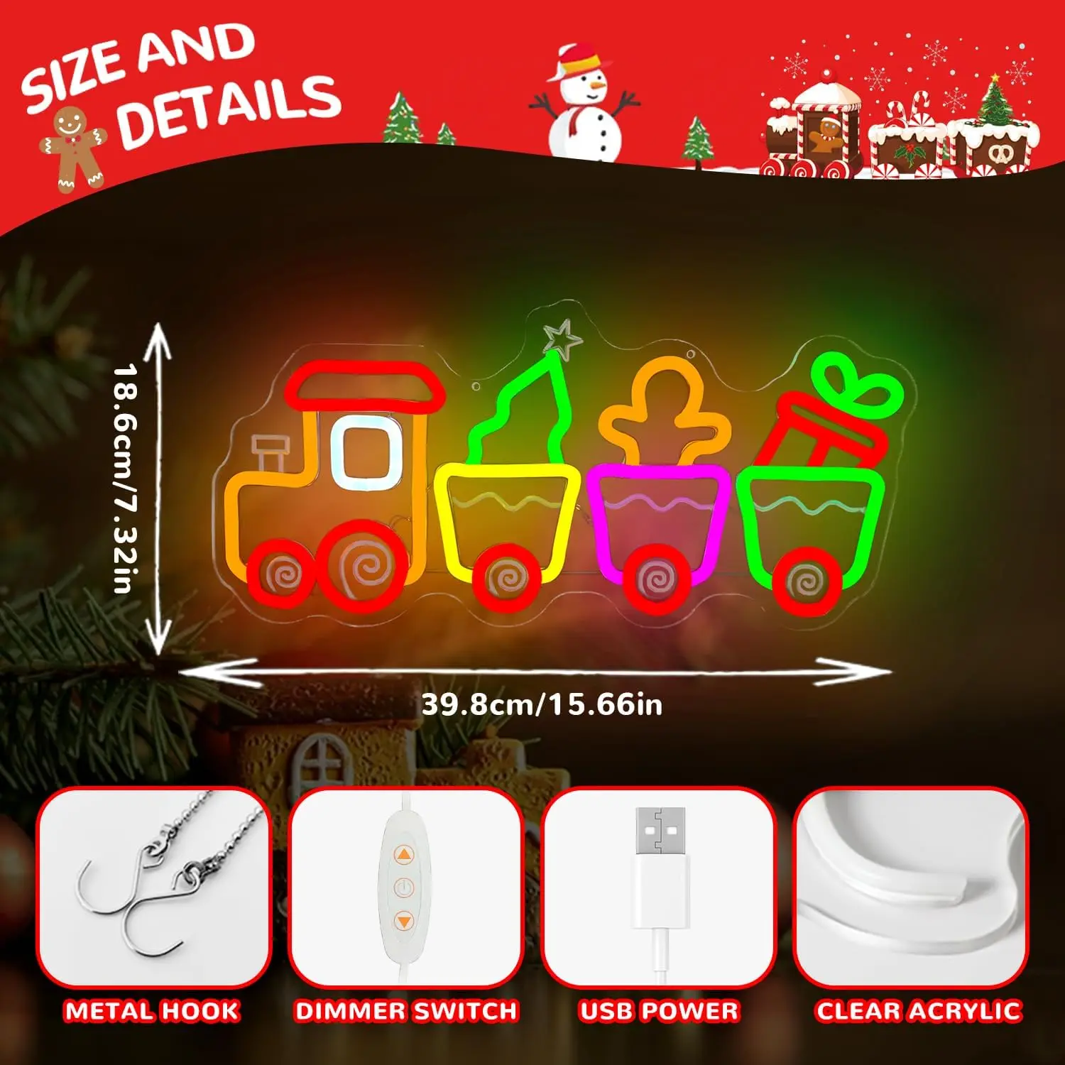 قطار عيد الميلاد النيون تسجيل USB عكس الضوء قطار الزنجبيل مصباح ليد حتى تسجيل ديكور المنزل عيد الميلاد ضوء هدية عيد الميلاد ضوء النيون