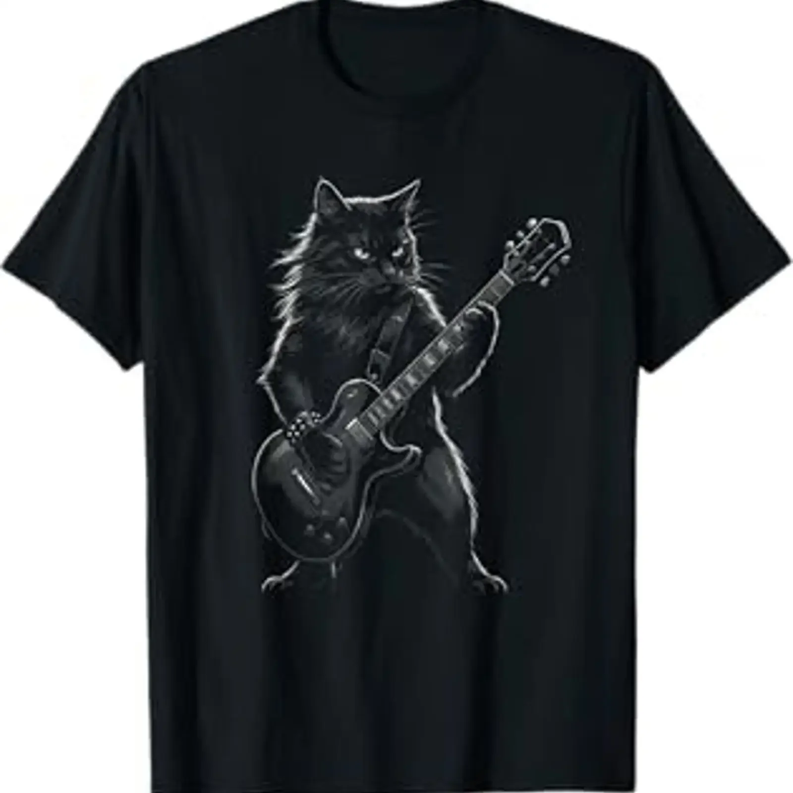 Camiseta de rockero gótico con diseño de gato negro tocando guitarra eléctrica, estilo vintage, informal, versátil, cómoda, ropa de diseñador