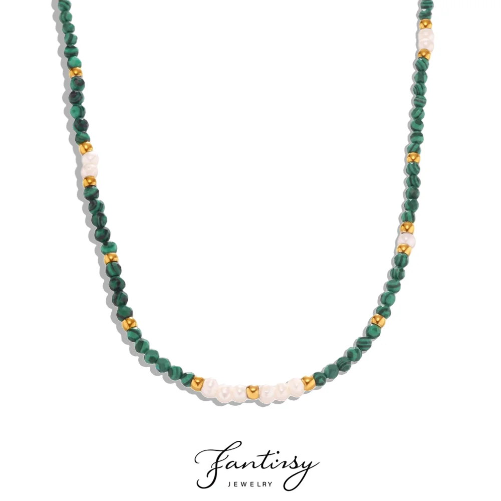 

Ожерелье из зеленого натурального камня с пресноводным жемчугом, женское ожерелье из нержавеющей стали 316, позолоченное 18 К, женское винтажное ожерелье, ювелирные изделия